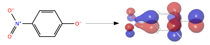 Figure Text: 4-nitrophenolate shown as 2D depiction and 3D structure with molecular orbitals Figure Text: 4-nitrophenolate shown as 2D depiction and 3D structure with molecular orbitals